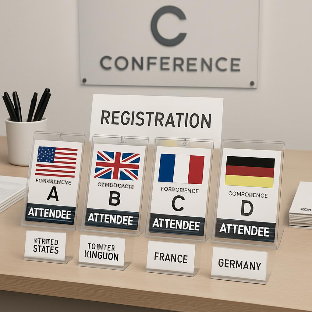 A conference registration system featuring multiple countries, including the USA, the UK, France, and Germany, represented...